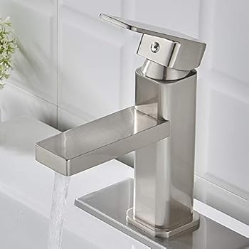 VOTON Brushed Nickel Bathroom Faucet Single Hole,Modern Square Single Handle Bathroom Sink Washbasin Vanity Sink Faucet with Deck