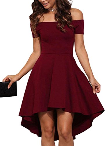 YOINS Women Summer Dress Off Shoulder Short Sleeve Skater Party Cocktail Dresses Wine Red L