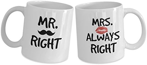 Funny Coffee Mugs For Couples - 2 White Mug Ceramic Cup Set - Mr Right and Mrs Always Right - Wedding Engagement Anniversary Valentines Day - Gifts for Husband Wife His and Her