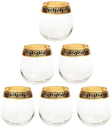 ArtDecor Greek Key Pattern, 11 Oz Stemless Wine Beverage Crystal Glasses, 24K Gold