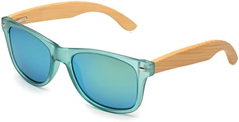 WOODYGAGA Mens Polarized Sunglasses Bamboo Wooden UV400 Protective Lenses Eyeglasses with Plastic Frame (Blue Frame, Green Lens)