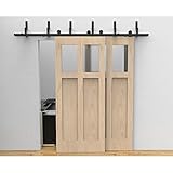 WINSOON Heavy Duty T Shaped Wheel Steel Roller Double Sliding Bypass Door Hardware Rolling Indoor Closet Cabinet Black Rail Set (13FT Bypass Two Doors Kit)