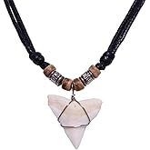BlueRica Shark Tooth Pendant on Adjustable Cord with Wood Accent Beads Necklace
