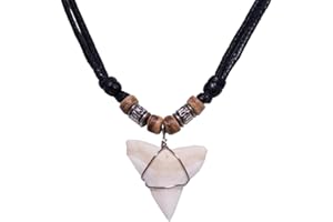 BlueRica Shark Tooth Pendant on Adjustable Cord with Wood Accent Beads Necklace