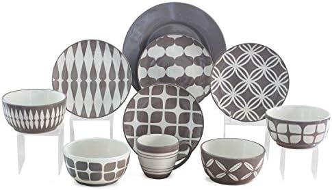 Rustic Dinnerware Set Geometric Print 16-Piece, Taupe