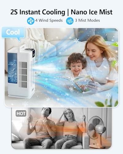 Portable Air Conditioners, 2000ML Personal Air Conditioner, Mini Air Conditioner, Evaporative Air Cooler Fan with 120° Oscillation, 7 RGB Light Modes, 4 Speeds & 1-8H Timer for Bedroom Office