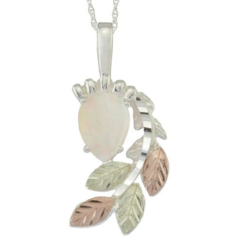 Opal Pear Cabochon Pendant Necklace, Sterling Silver, 12k Green and Rose Gold Black Hills Gold Motif.