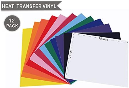 Heat Transfer Vinyl Bundle 15"x12 "- 12 Multi-Color Sheets for Cricut Silhouette Cameo or Heat Press Machine