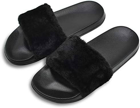Womens Faux Fur Flat Slide Sandals Fluffy Open Toe Slipper Soft Cozy Plush Indoor Slip on Shoes