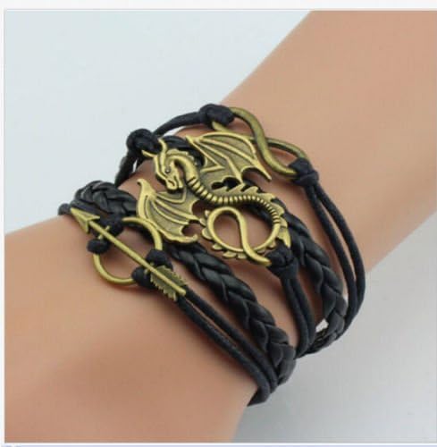 Game of Thrones Inspired Leather Bracelet Targaryen Dragon Bronze Charm (Black)
