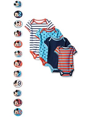 Baby-Boys Grow with Me Bodysuits with 12 Monthly Mickey Stickers (Pack of 4)
