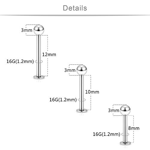 SCERRING 18PCS 16g Stainless Steel 3mm Balls Labret Monroe Lip Tragus Cartilage Helix Earring Ring Body Piercing Jewelry 8-12mm - Silver