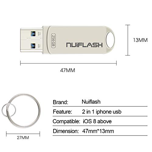 USB Flash Drive for iPhone 256GB Photo Stick Memory Stick USB 3.0 External Storage nuiflash Thumb Drive Compatiable with iPhone/iPad/Mac (256GB-silver)