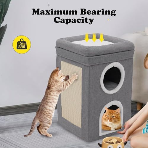 Cat House for Indoor, 3-Level Covered Cat Condo with Scratch Pad and Hideaway Cave, Cat Bed &Furniture for Multi Pets and Large Cats, 15.3 * 15.3 * 26 inches, Cat Playground Play Center, Grey