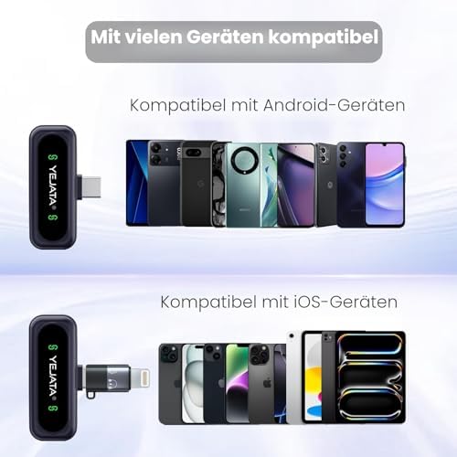 Drahtloses Mikrofon mit digitalem Batterieanzeige - 2er-Pack USB-C Mini-Mikrofon für iPhone 15/16/Android/PC/iPad/Tablet, 360° omnidirektionales Mikrofon mit Geräuschunterdrückung mit 100FT