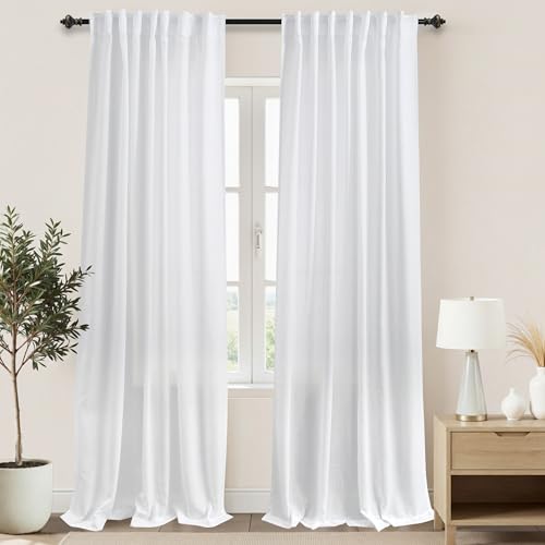 KOUFALL White Linen Sheer Curtains Drapes 96 Inches Long 2 Panels for Living Room 96 Inch Length Semi Light Filtering Curtains for Bedroom
