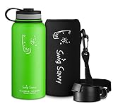 Swig Savvy’Stainless Steel Vacuum Insulated Water Bottle Wide Mouth 32 oz Capacity Double Wall Design 100% Leak & Sweat Proof - Includes water bottles Pouch & Coffee Lid (Light Green)