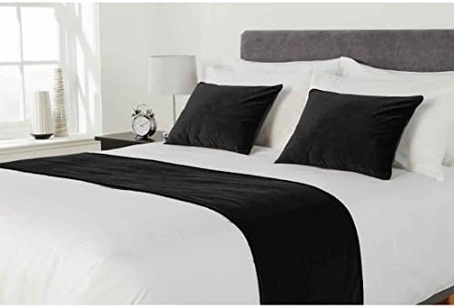 HOTEL COLLECTION BED RUNNER SET :1pc flossed velvet bed runner |scarf | throw with 2 pc 20" x 20" cushion cover |pillow shams| bed accessory | room decor| (BLACK, SUPER KING- 20 X 102 INCHES)