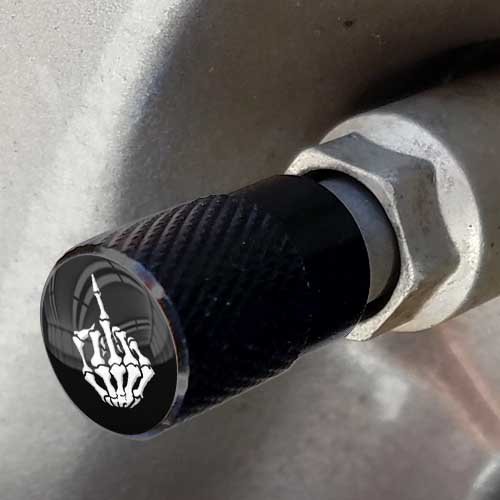 Tricktoppers Vivid Black Anodized Billet Aluminum Tire Wheel Valve Stem Dust Caps For Cars Trucks Trailers SUV's RV's Motorcycles Bikes More (Set Of 4) Skeleton Skull FU Hand Middle Finger