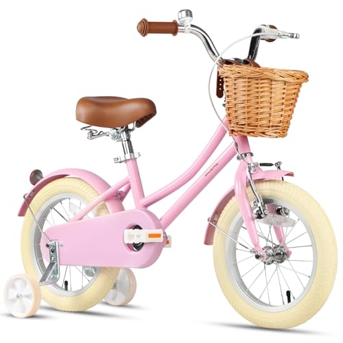 Glerc Little Molly 12-20 Inch Kids Retro Cruiser Bike for 2-13 Year Old with Wicker Basket & Training Wheels/Kickstand, Multiple Colors