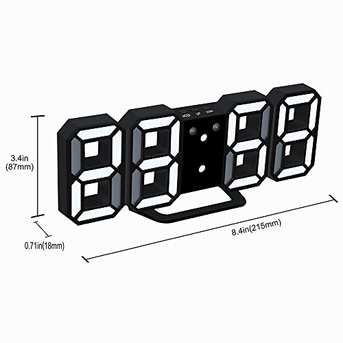 LED Digital Alarm Clock For Desk / Shelf / Tabletop, Modern Home Decoration 3D Wall Clock, Easy To Read at Night, Loud Alarm and Snooze, Big Digit Display (Black Frame, White Light)