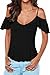 Chase Secret Womens Ruffled Cold Shoulder Backless Short Sleeves Casual Tshirt Medium Black
