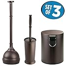 mDesign Plunger Bowl Brush, Step Trash Can and Toilet Brush Bathroom Accessory - Set of 3, Bronze
