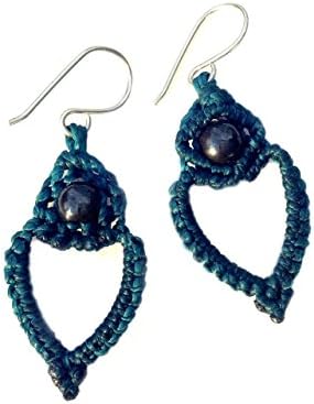 Heart Earrings in Turquoise Fiber and Sterling Silver with Hematite Stones: Handmade Lightweight Casual Macrame Earrings by Rumi Sumaq