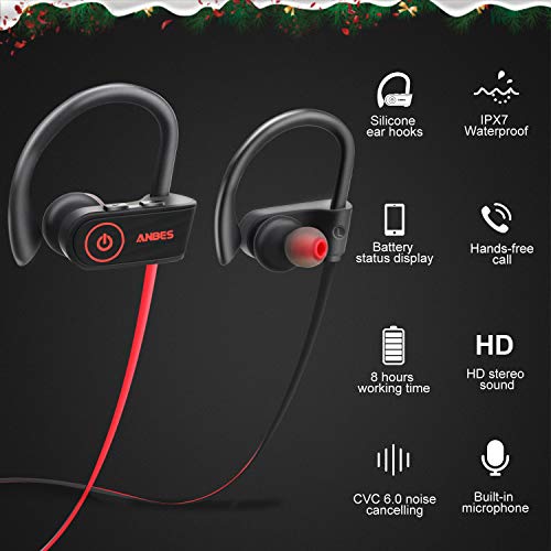 ANBES Bluetooth Headphones Wireless Earbuds, IPX7 Waterproof in-Ear Earphones Sports with Ear Hooks & Mic, HD Stereo Sound, Up to 8 Hours Playing Noise Canceling Headsets (RedBlack)