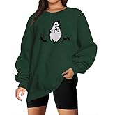 Halloween Spooky Season Sweatshirt Women: Oversized Black Cat Ghost Sweatshirts Fall Embroidered Pullover Top