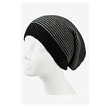 AN Knit Hat Slouch Beanie Cap Black & Charcoal Striped Lightweight All Day Wear