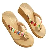 Enjocho Women Summer Platform Sandals Beach Flat Wedge Patch Flip Flops Lady Slippers (Khaki, US:8)