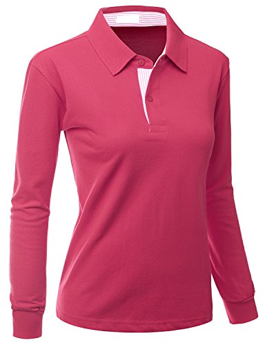 Xpril Womens Casual Basic Sporty Long Sleeve Polo Collar t shirt PINK Size L