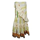 Mogul Interior Women's Wrap Skirt Green Printed Silk Sari Ruffled Tiered Long Skirt M