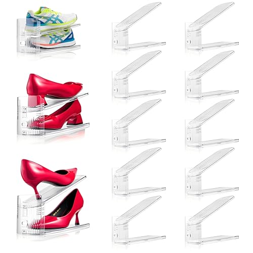 Beauenty 10 pcs Shoe Slots Organizer, Adjustable Shoe Organizer, Space-Saving Shoe Stacker for Closet Storage, Durable Shoe Slots with 3 Adjustable Heights and Anti-Slip Design,Fits Most Shoes