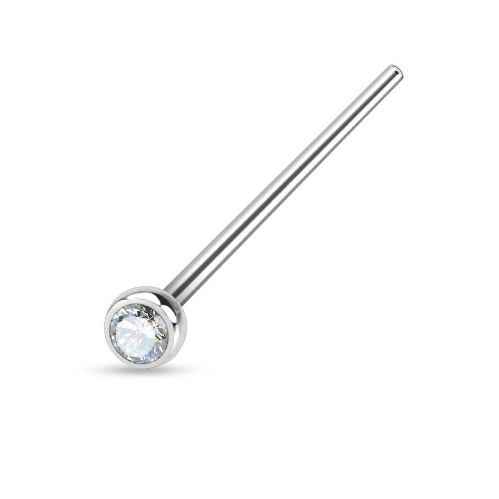 PiercedOff 316L Surgical Steel Fishtail Nose Stud with Clear CZ Gem Top - Thickness 20GA (0.8mm) / Length 19mm / Gem Size 2mm