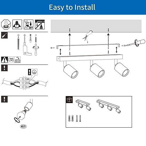 ANWIO Ceiling Lamps with 3 Bulbs, E27 Hallway Ceiling Lamp, Black Interior LED Bulbs, Adjustable Bedroom Ceiling Lamps, Living Room Ceiling Lamp (without Bulbs)
