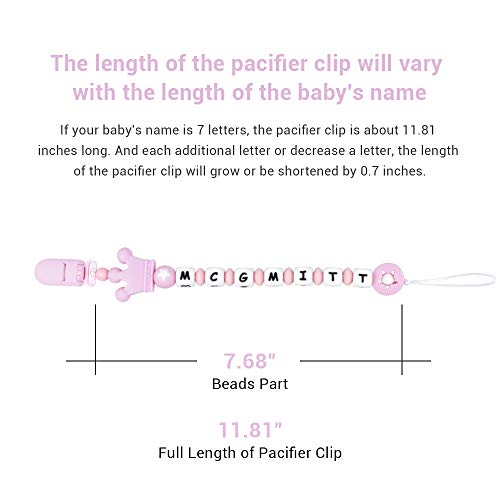 Infant Pacifier Clip Customize Name, MCGMITT Handmade Food Grade Silicone Teething Beads Chain w/BPA Free, Crown and Pentagram Teether Holder for Pacifier Toys, Gift for Boys Girls (Baby Pink)