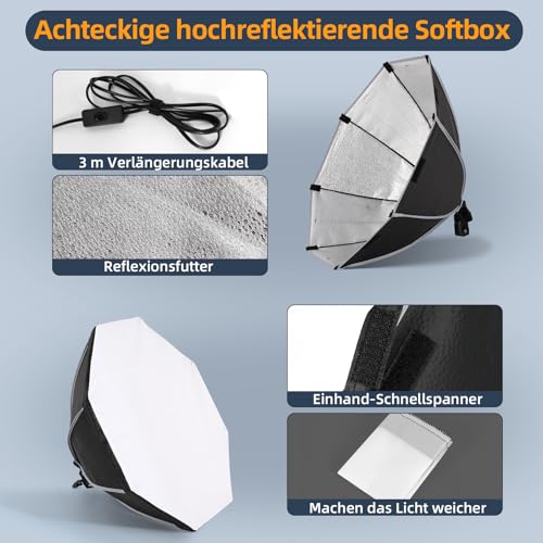 LED Softbox Octagonal 3000-6500K, Light Box with 3 Color Modes Adjust with Remote Control, 2 x 50 cm Lights for Photography with Folding Stand of 1.5 m, Studio Photography and Interviews