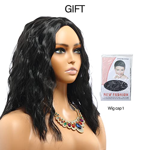 POPTAIYU Short Black Wavy Wigs Synthetic Shoulder Length Curly Wigs for Women Middle Part Bob Wigs for Daily Party Use (Black，15.7 inch)