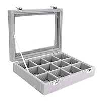 Pasutewel Earring Storage Case 12 Grids Ring Velvet Display Case Box Earring Ring Organizer Velvet Jewelry Tray Cufflink Storage Showcase with Clear Glass Lid Gray