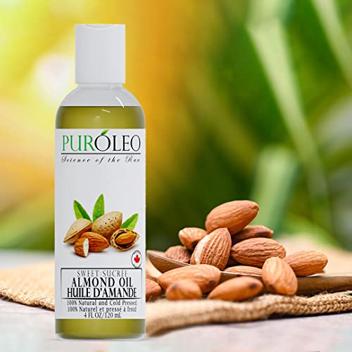 PUROLEO SWEET ALMOND OIL 4 FL OZ/120 ML 100% NATURAL AND PURE | MOISTURIZER & CARRIER OIL | BEAUTY & DIY BLENDS, MASSAGE OIL, BODY OIL, HAIR OIL AND BABY OIL | MADE FROM ALMONDS RAW