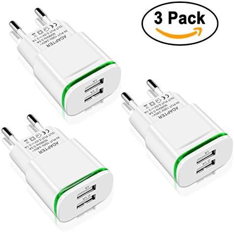 European USB Adapter, Niluoya Universal 3-Pack 2.1A/5V Dual Port Europe USB Charger Plug Travel Power Adapter for iPhone X 8/7/6/6S Plus 5S, iPad, Samsung Galaxy S6/S7/S8 Edge, HTC, LG, Moto, Kindle