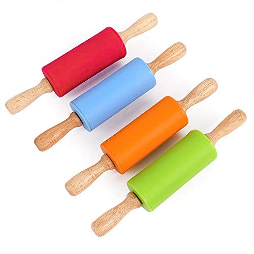 Axiba Silicone Rolling Pin Non-Stick Surface Wooden Handle for Kid Kitchen Cooking Baking Tool (Red)