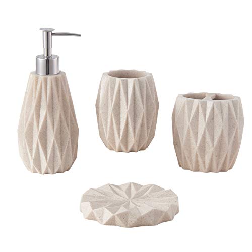 ZCCZ Bathroom Accessories Set - 4 Piece Set with Toothbrush Holder, Soap Dispenser, Tumbler and Soap Dish (Beige)