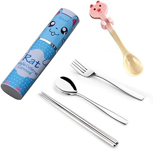 KateDy Portable Tableware Stainless Steel Spoon Fork and Chopsticks Set with Cartoon Pencil Holder Storage Case + Ceramic Dessert Spoon Coffee Tea Spoon (Blue + Pig)
