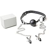 Black Leather Choker Collar With Open Mouth Ring Nip ple Clamps Clip (Black+White)