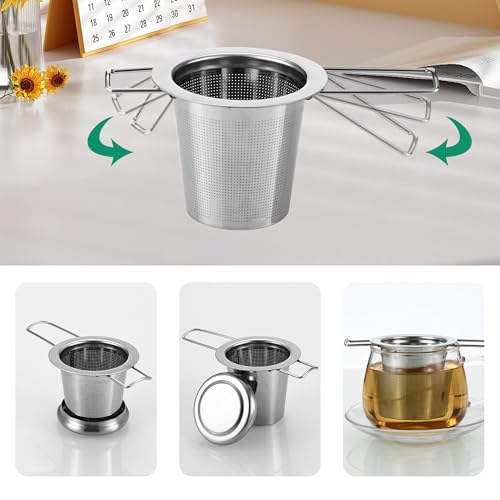 2 Pieces Tea Infuser, 304 Stainless Steel Tea Filter, Tea Filters with Lid and Folding Handle, Reusable, Fits Various Sizes of Cups and Teapots