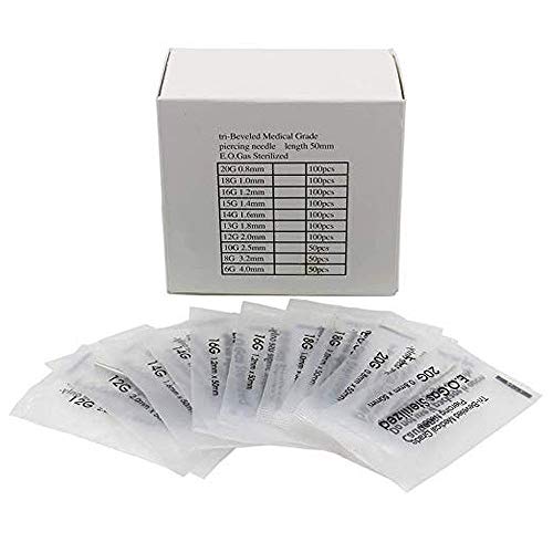 Ear Septum Nose Piercing Needles Piercing Needles Beach Body Art Supply Surgical Steel EO Gas Sterilized Tri-beveled Hollow Body Piercing Needles Individually Wrapped Box of 100 (18G)