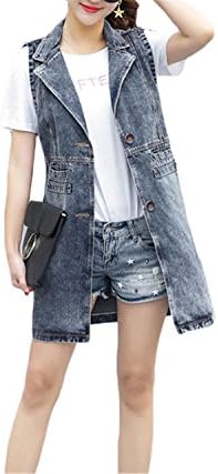 Caseminsto 2017 New Summer Long Denim Women'S Vest Single Breasted Feminino Sleeveless Jeans Vest Femme Blue L
